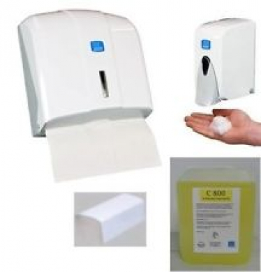 Papierhandtuchspender + Schaumseifenspender + Schaumseife + Papierhandtuch 2 lagig im Set